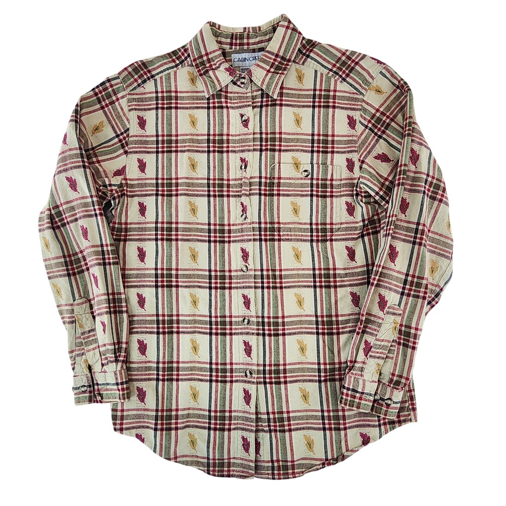 Cabin Creek Shirt Womens Medium Multicolor Plaid Leaf Button Up Fall
